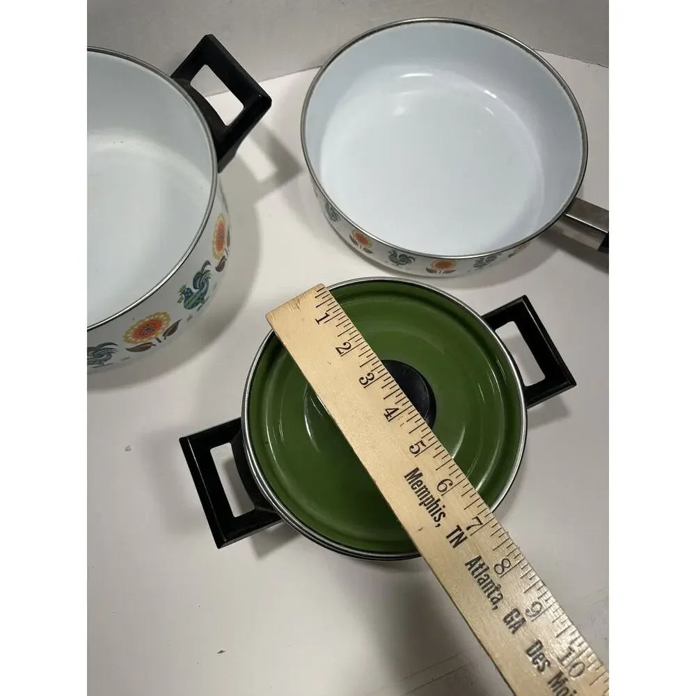 Vtg Lot 3 Enamel Stock Pots Rooster & Poppy Flower‎ 60s 70s Saucer Fry MCM RARE